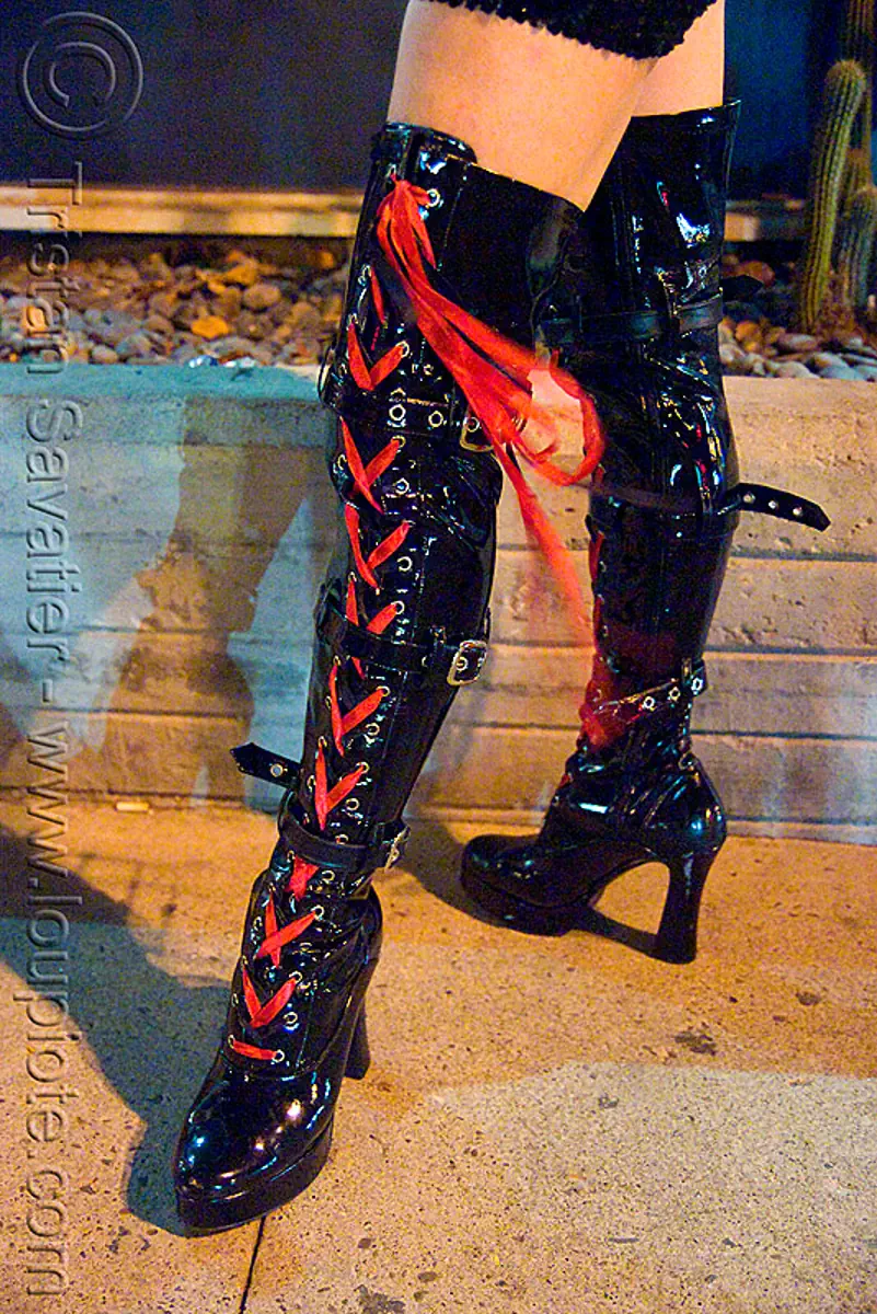 black heel boots with red laces
