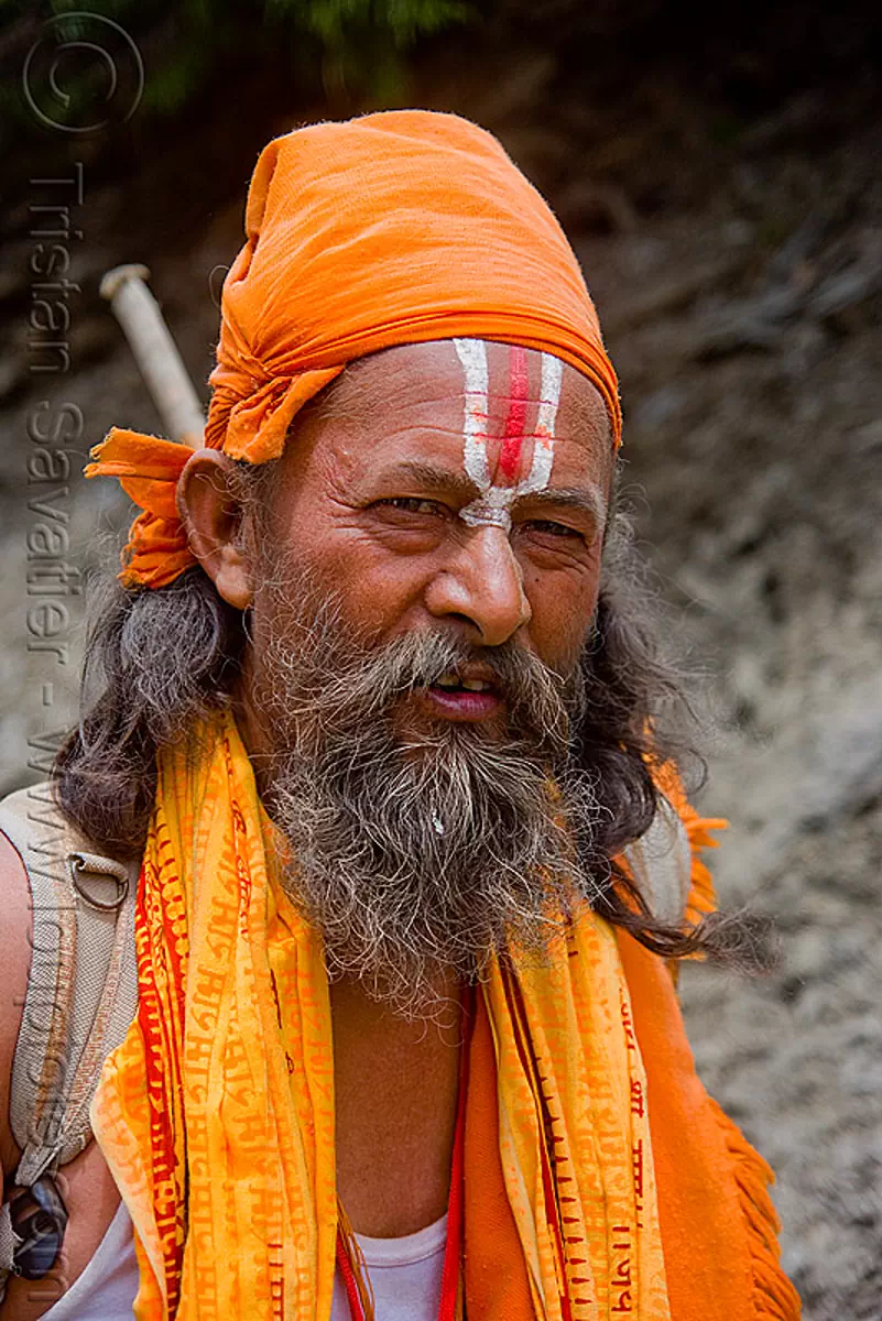 hindu pilgrim with tilaka ritual mark - amarnath yatra (pilgrimage) - kashmir, amarnath yatra, baba, beard, bhagwa, hiking, hindu holy man, hindu pilgrimage, hinduism, india, kashmir, mountain trail, mountains, old man, pilgrim, ramanandi tilak, saffron color, trekking