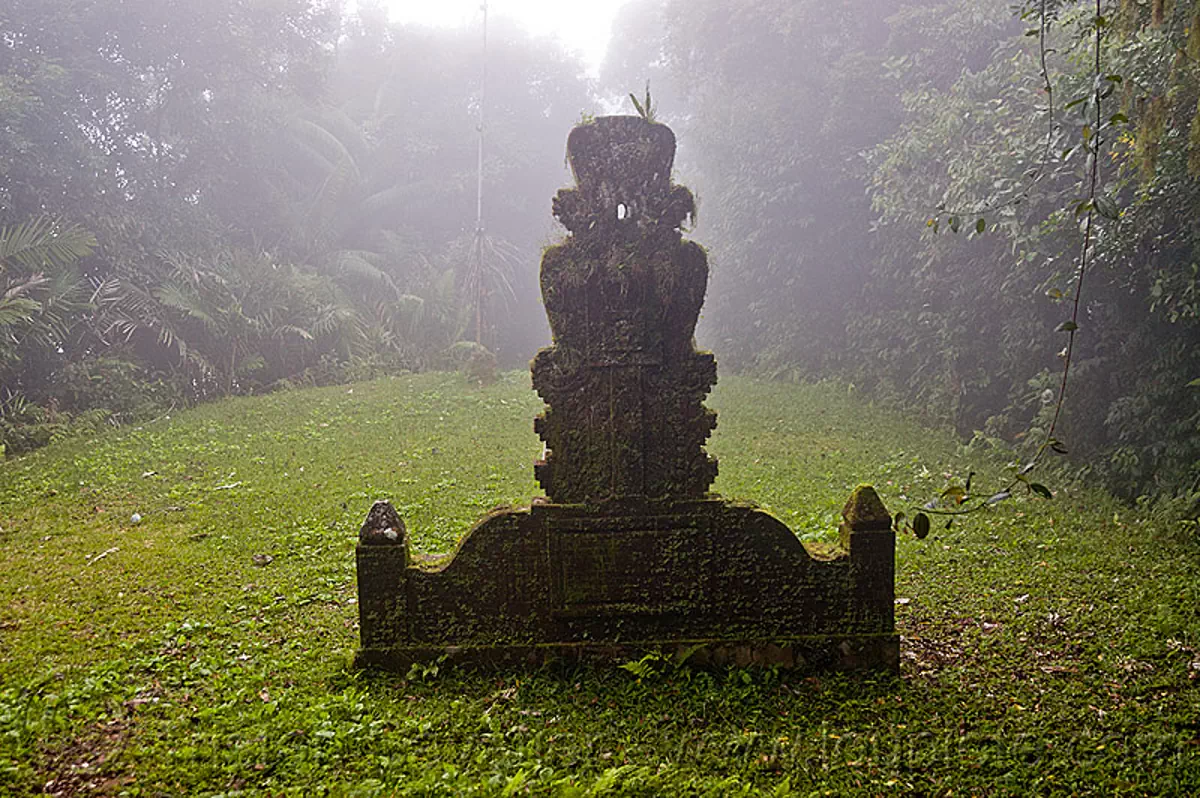 hindu shrine in the fog, bali, carved, clearing, fog, foggy, forest, hindu shrine, pura lempuyang, rainforest