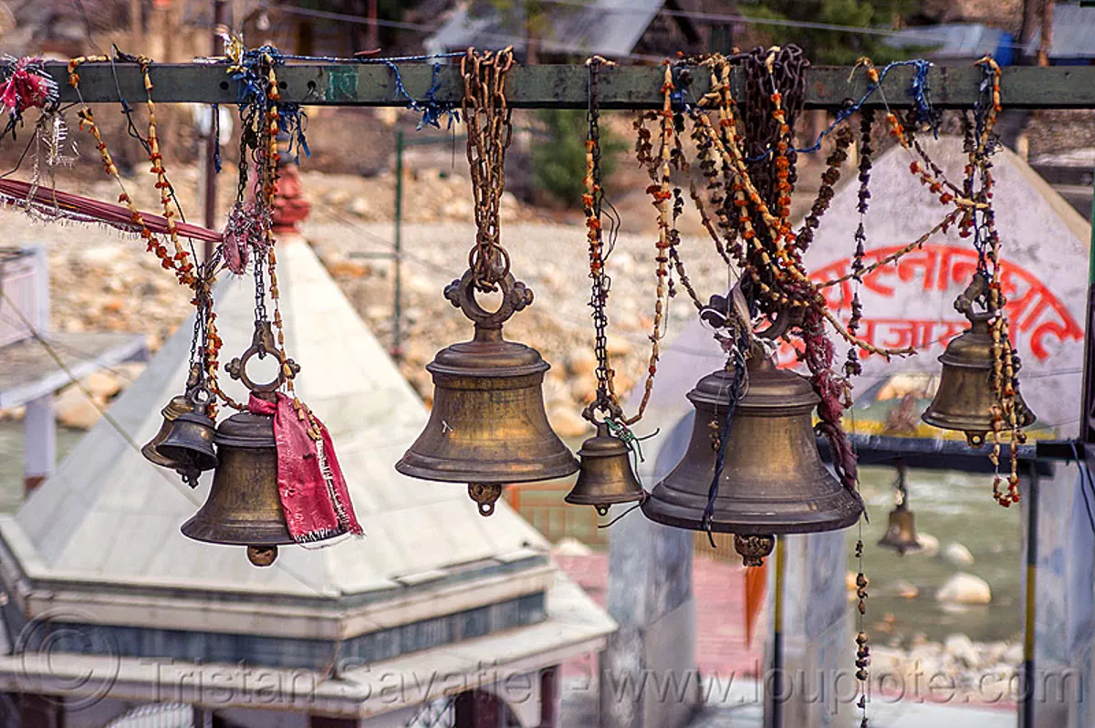 hindu temple bells in gangotri (india), bells, bhagirathi valley, brass, gangotri, ghagirathi river, hanging, hindu pilgrimage, hinduism