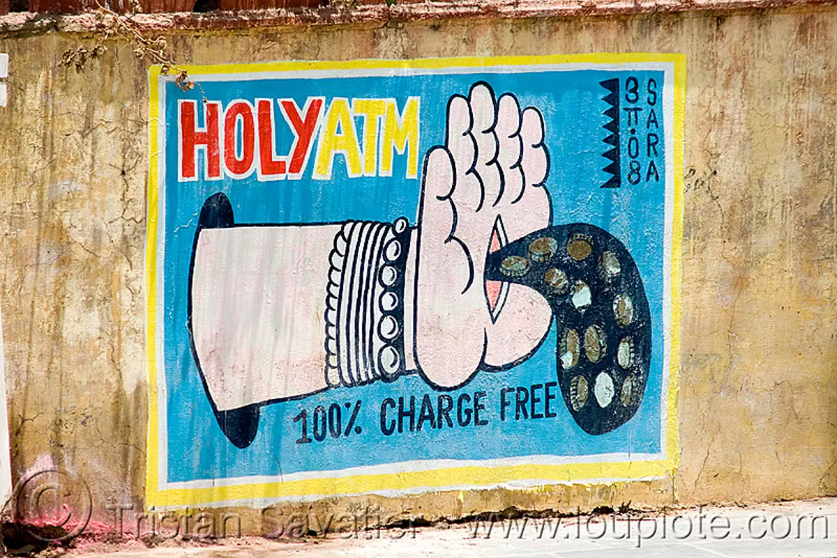 holy ATM - mural by local artist SARA - udaipur (india), arm, coins, graffiti, hand, holy atm, india, mural, stigmata, street art, udaipur