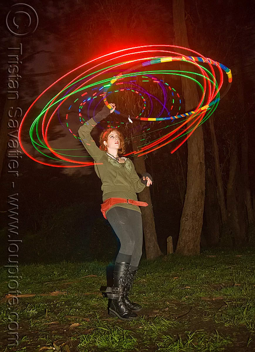 hulahoop with photon LED lights, full moon party, glowing, golden gate park, hooper, hula hoop, hula hooping, led hoop, led lights, light hoop, microlights, night, rave lights, woman