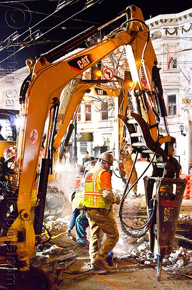 hydraulic jackhammers, muni railway construction site, san francisco