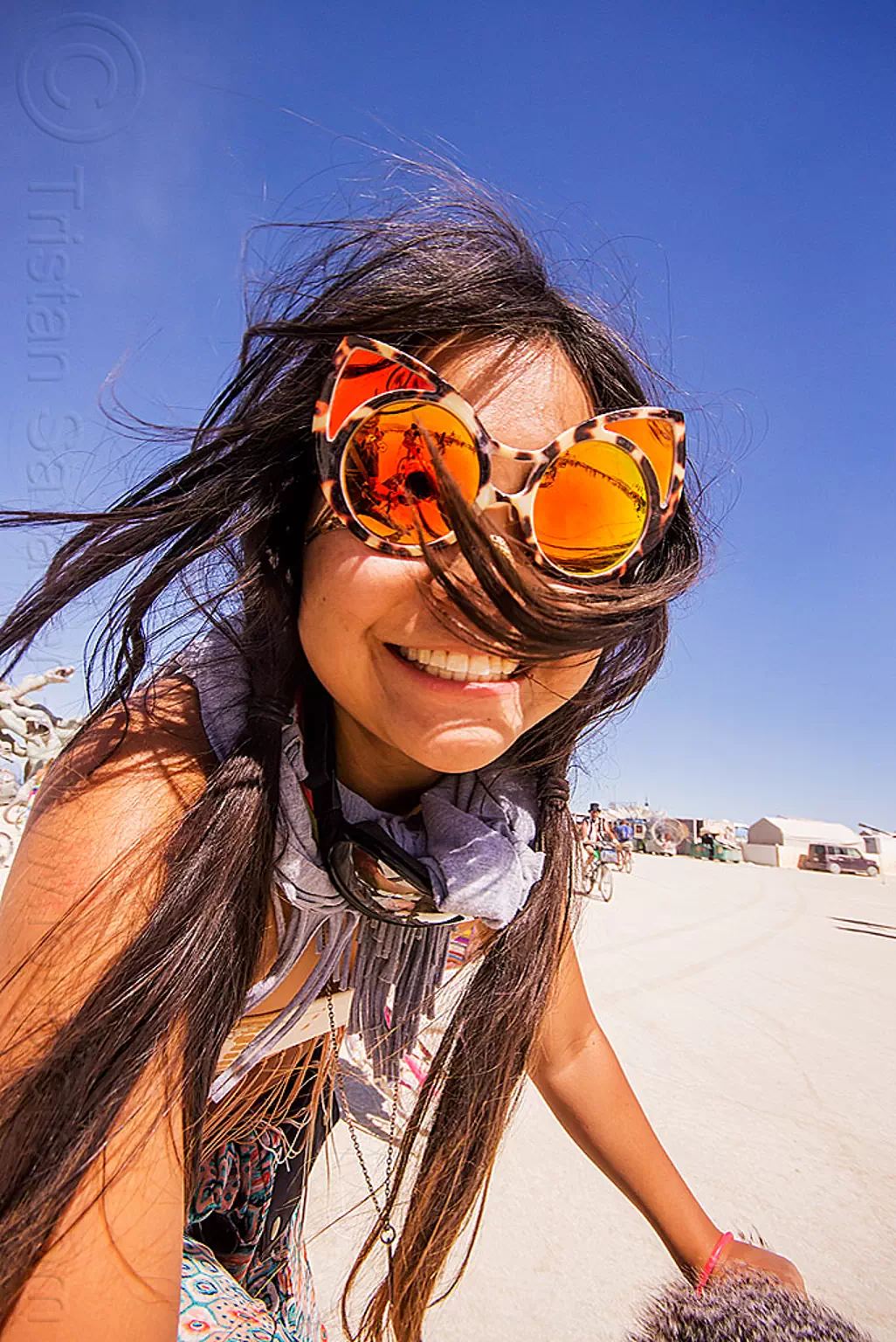 japanese girl with tiger mirror sunglasses - burning man 2015, burning man, mirror sunglasses, nicole, tiger sunglasses, woman