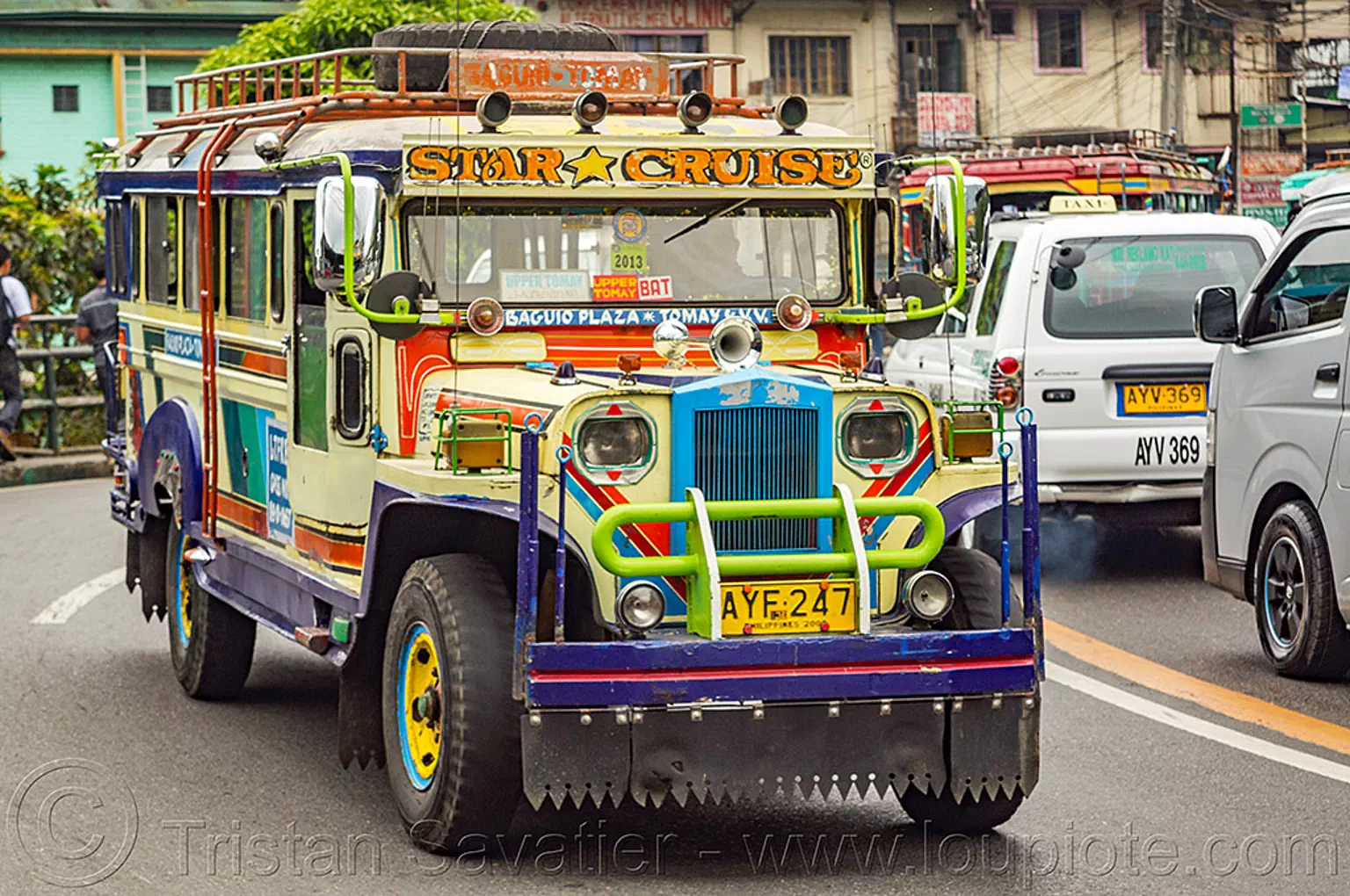 jeepney on road (philippines), baguio, colorful, decorated, front grill, jeepney, painted, philippines, road, truck