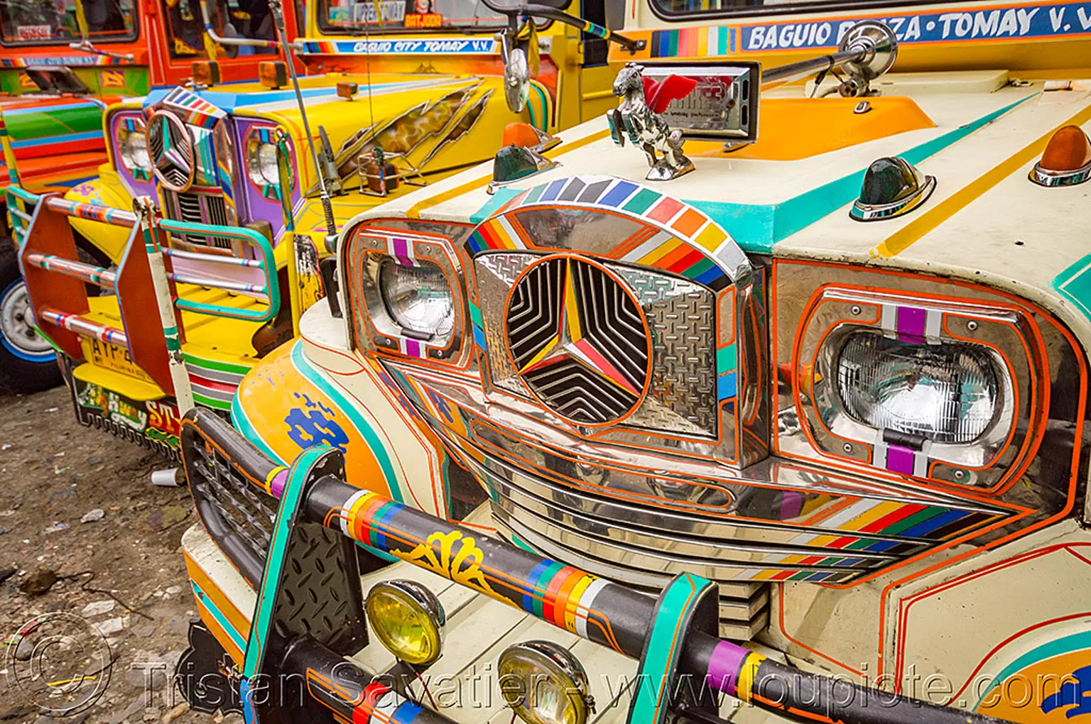 jeepneys parked at station  (philippines), baguio, colorful, decorated, front grill, jeepney, painted, philippines, truck