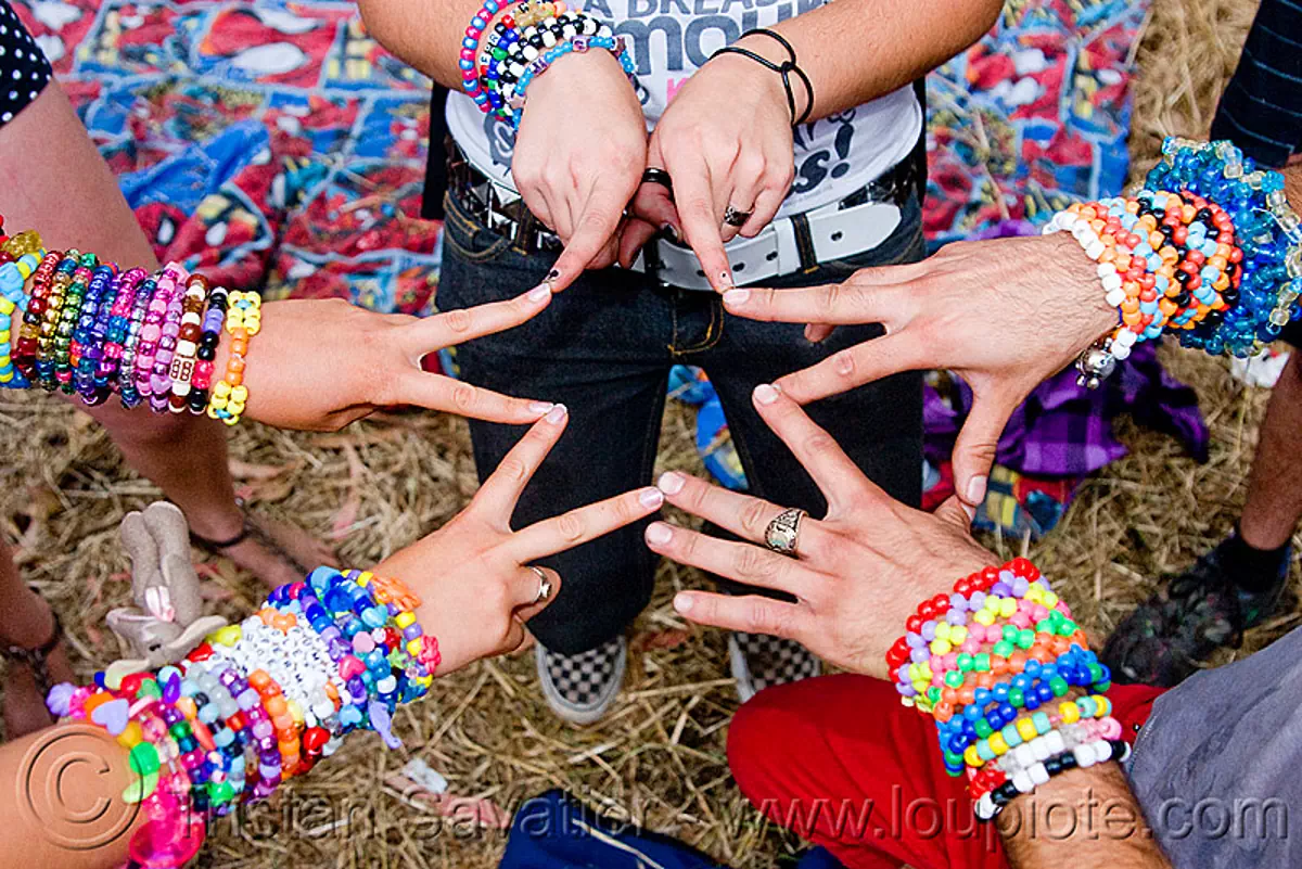 kandi kids making a finger star, beads, bracelets, clothing, colorful, fashion, finger star, fingers, hands, kandi cuffs, kandi kid, kandi raver, party