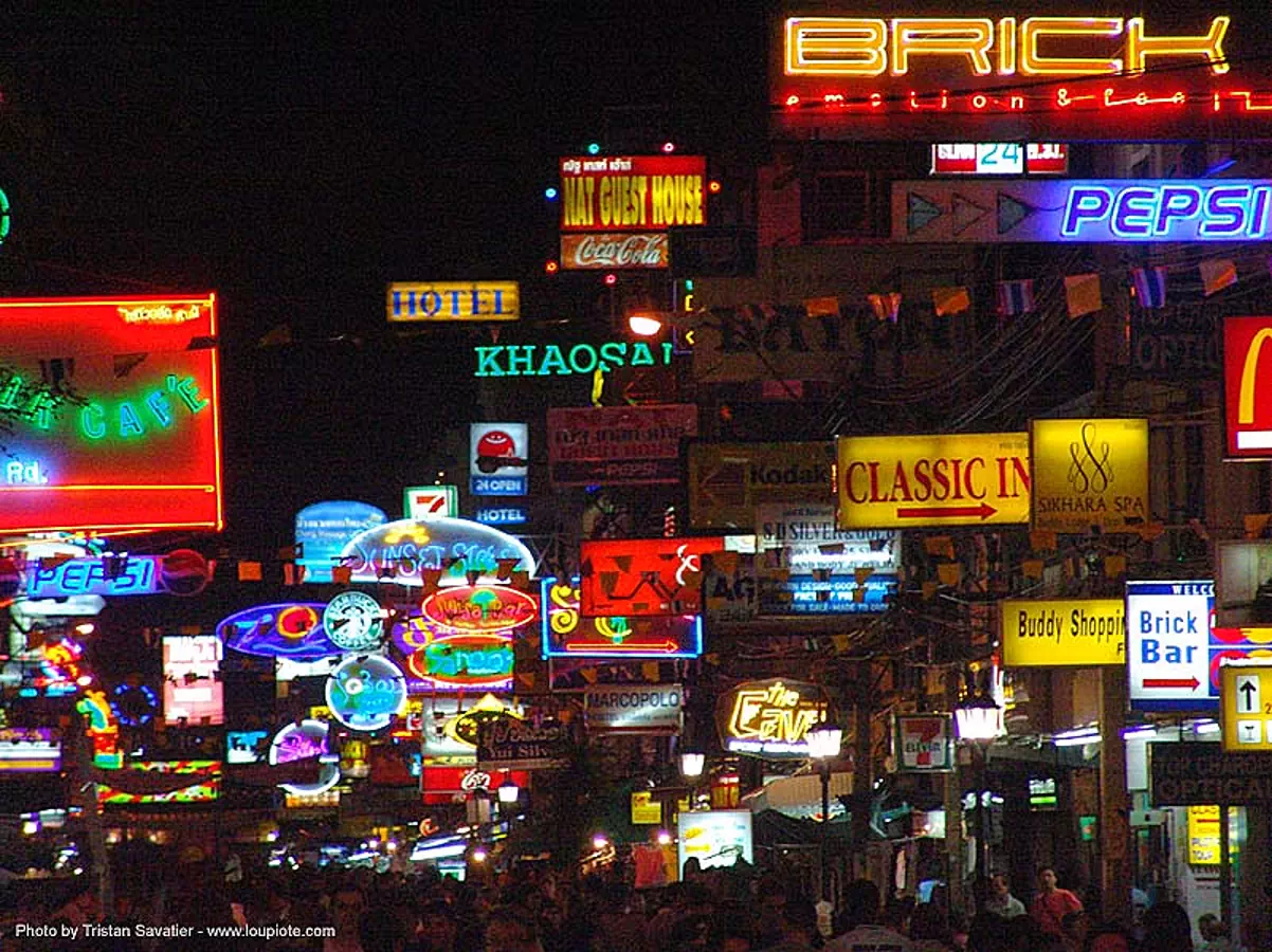 ถนนข้าวสาร - khao san road (bangkok) - thailand, bangkok, city lights, khao san road, night, shop signs, thailand, thanon khaosan, ถนนข้าวสาร, บางกอก
