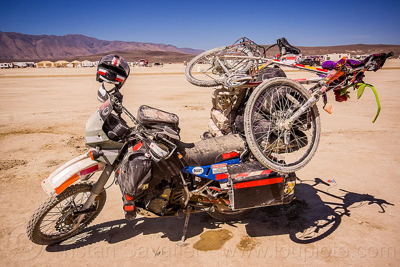 KLR 650 motorcycle in the desert - burning man 2015, bicycle, bike, burning man, dual-sport, duffle bags, helmet, kawasaki, klr 650, luggage, motorcycle touring, overloaded, panniers, tank bag