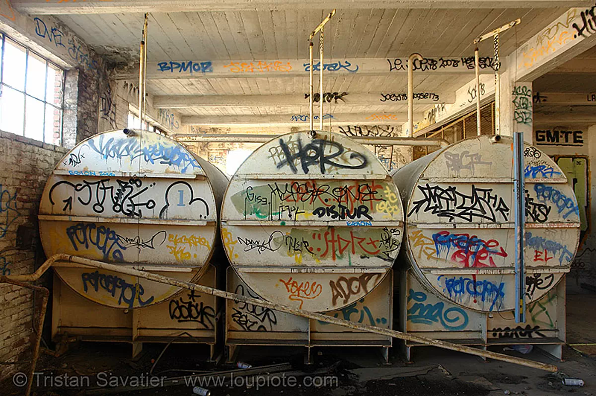 large water tanks in abandoned factory, derelict, graffiti, street art, tie's warehouse, trespassing, water tanks