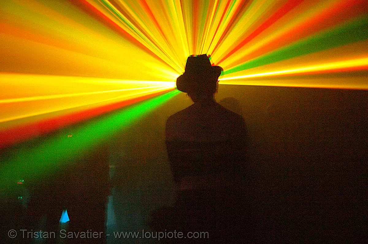 laser show - shadow with hat - warehouse underground rave party, backlight, laser lightshow, laser show, lasers, nightclub, nightlife, rave lights, ravers, silhouettes