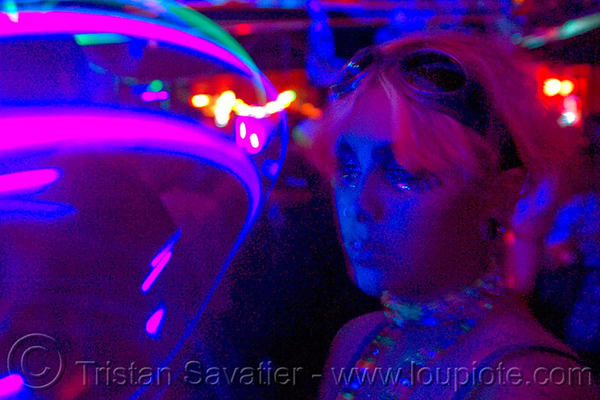 lightshow - young woman and moving LED lights in rave party, emma, led lights, lightshow, night, photo lights, rave lights, raver, woman
