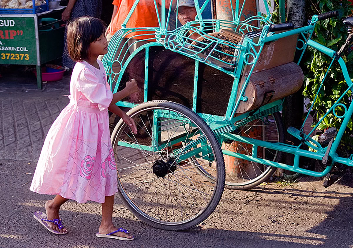 little girl with pink dress near a rickshaw, becak, child, cycle rickshaw, cyclo, kid, little girl, pink dress