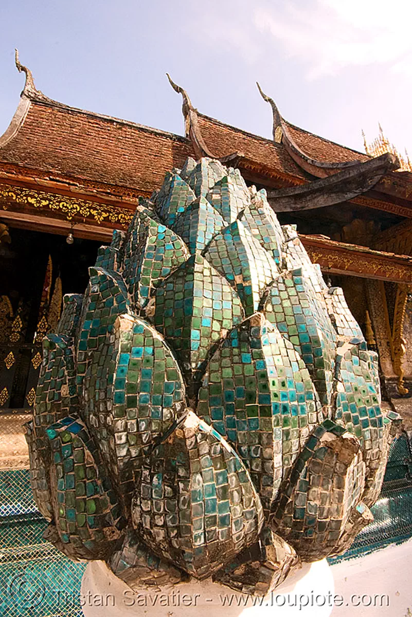 lotus flower mosaic sculpture in temple, luang prabang, laos