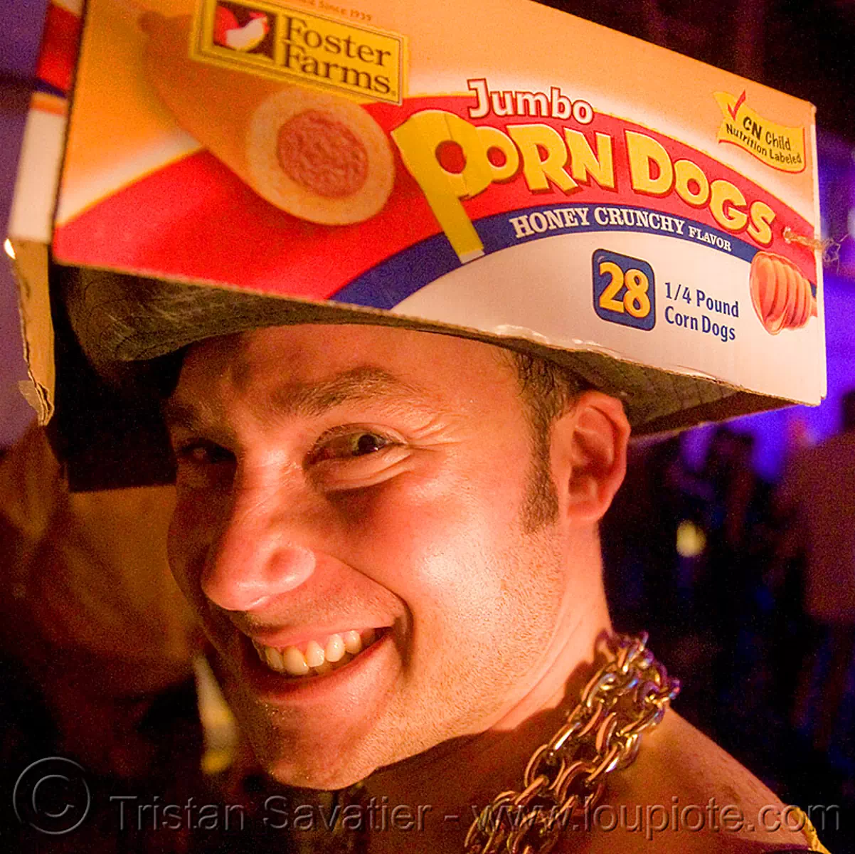 man with porn dogs hat, corn dogs, foster farms, ghostship 2008, halloween, hat, man