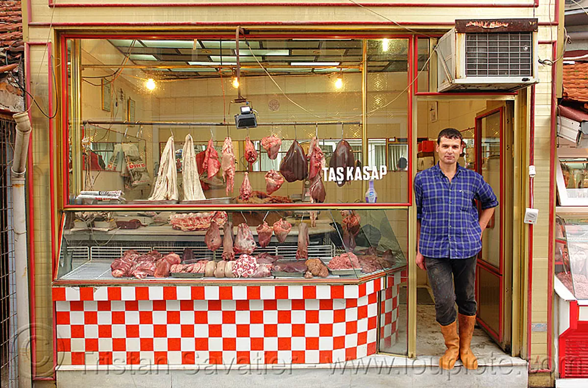 meat market - butcher, butcher, halal meat, man, meat market, meat shop, raw meat, shop window, taş kasap