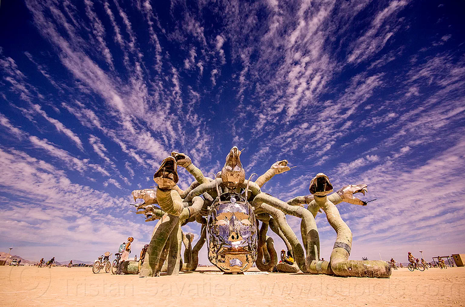 medusa madness sculpture - burning man 2015, art installation, burning man, clouds, head, kevin clark, medusa madness, sculpture, snakes, steel