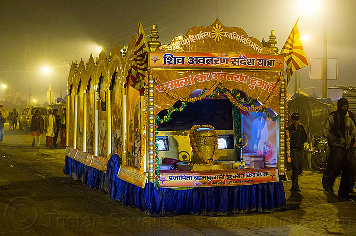 mobile ashram "art car" at kumbh mela 2013, art car, ashram, decorated, hindu pilgrimage, hinduism, kumbh mela, lorry, mutant vehicles, night, road, truck