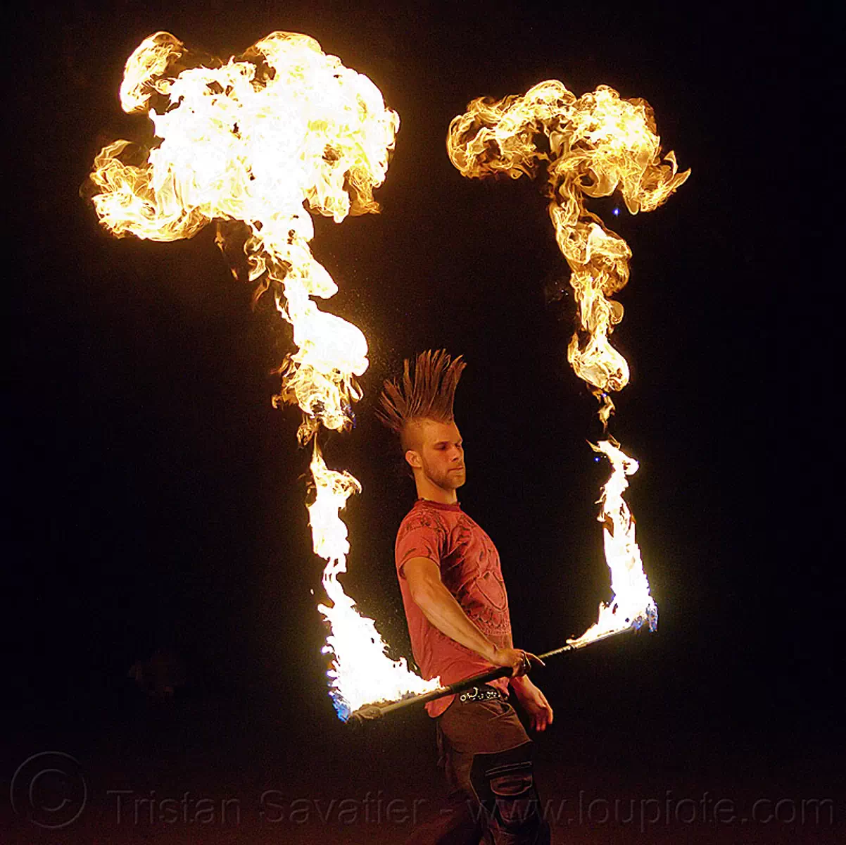 mushroom flames - fire staff, fire dancer, fire dancing, fire performer, fire spinning, fire staff, man, mohawk hair, mushroom flames, night, spinning fire