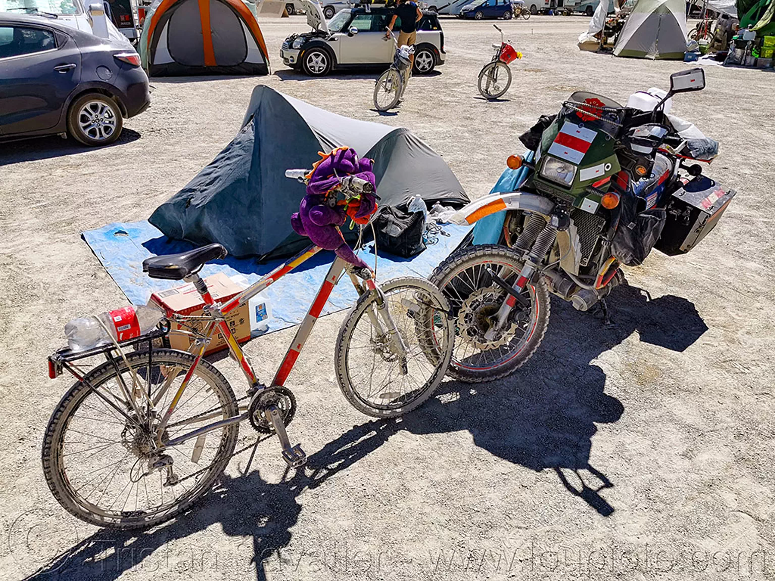 my small camp - burning man 2019, bicycle, burning man, camp, klr 650, motorcycle, tent