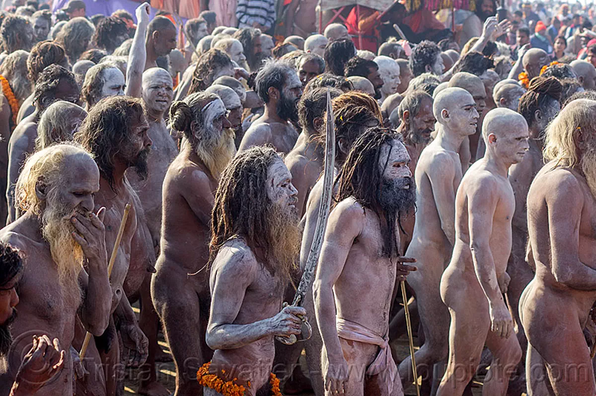 naga sadhus - procession - kumbh mela (india), amavasa, crowd, hindu pilgrimage, hinduism, holy ash, kumbh maha snan, kumbh mela, mauni amavasya, men, naga babas, naga sadhus, sacred ash, sword, triveni sangam, vibhuti, walking