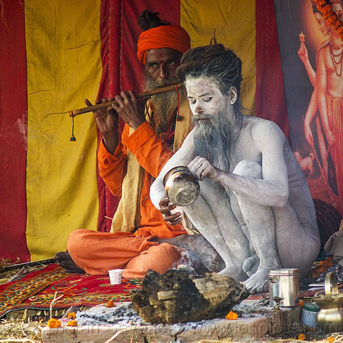 naked baba - naga sadhu with vibhuti holy ash (india), beard, bhagwa, bodypaint, bodypainted, dreadlocks, hindu pilgrimage, hinduism, holy ash, kumbh mela, men, naga babas, naga sadhus, orange color, paush purnima, pilgrims, playing the flute, sacred ash, saffron color, sitting, vibhuti, white ash