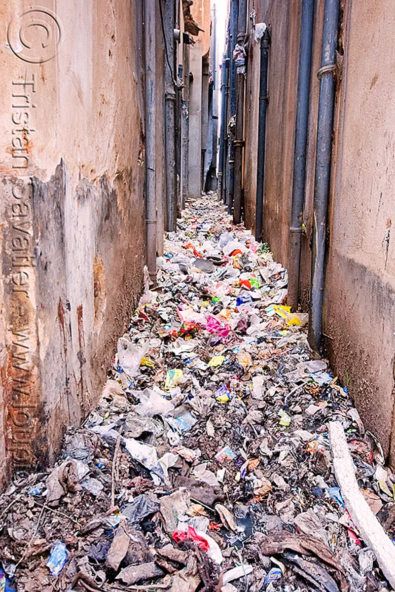 narrow passage filled with single-use plastics trash - jaipur (india), environment, garbage, india, jaipur, plastic trash, pollution, single-use plastics