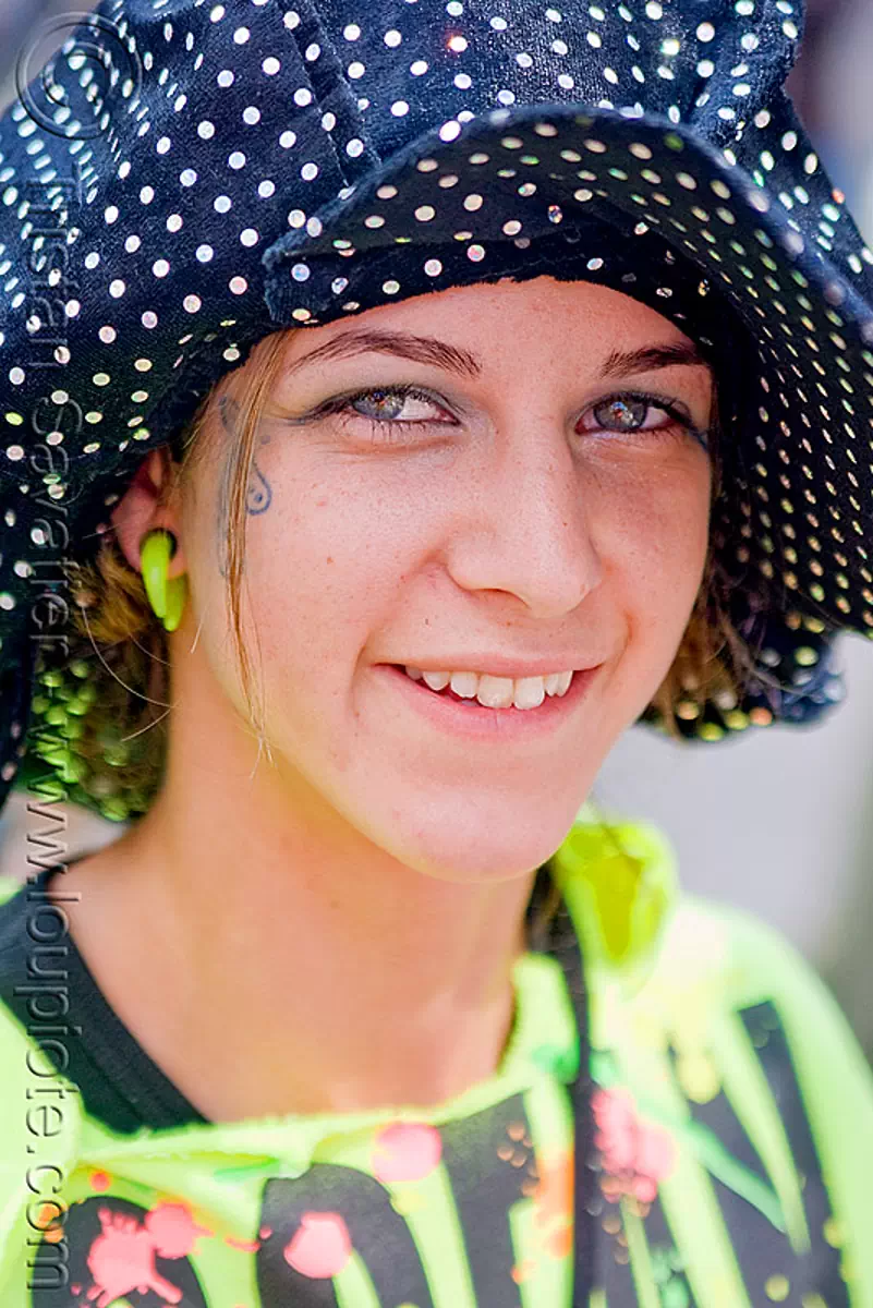 neon green - polka dots hat - girl (san francisco), hat, neon green, woman