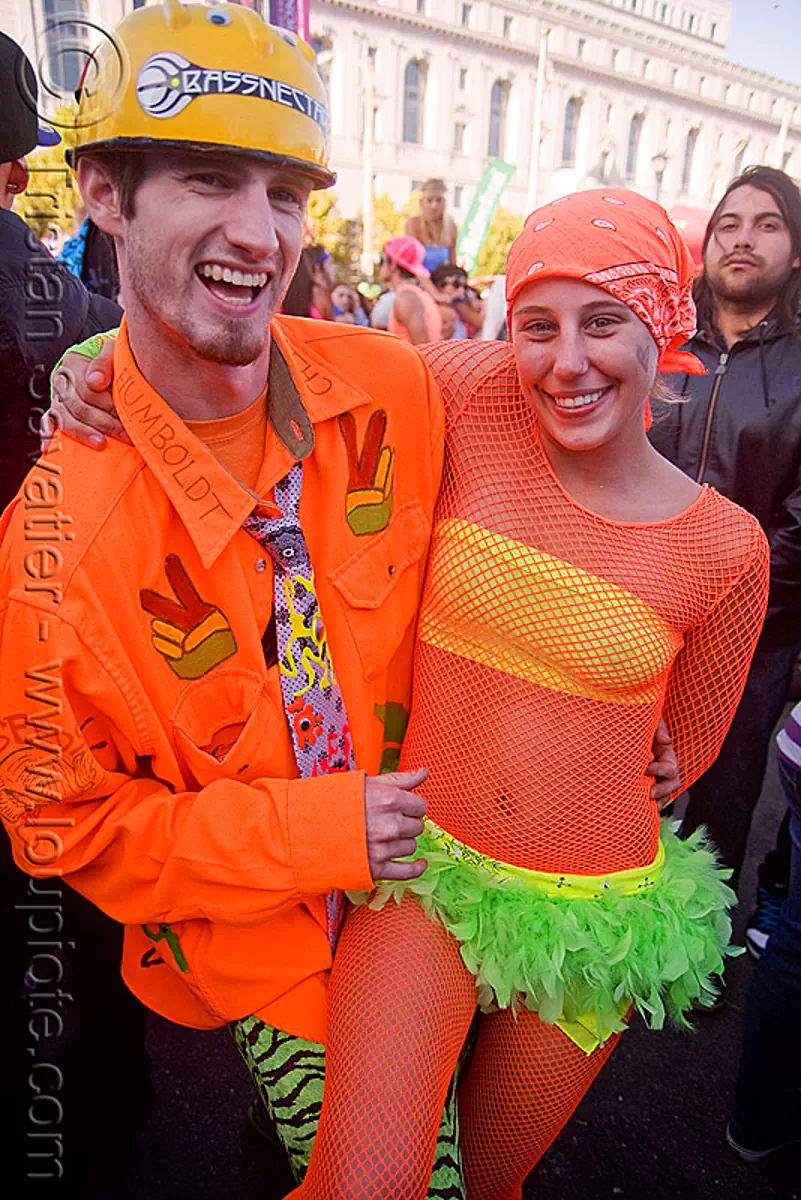 neon orange costumes, bright orange, costumes, fishenet clothing, lovevolution, neon color, outfits, safety helmet, woman
