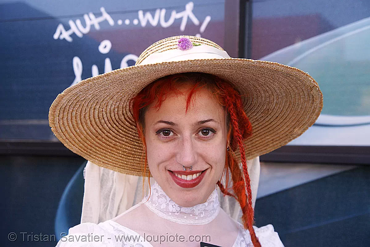 nifer nefarious - folsom street fair 2007 (san francisco), graffiti, nose piercing, red hair, redhead, septum piercing, straw hat, woman