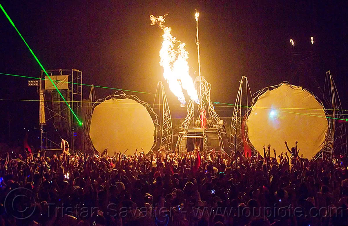 opulent temple - burning man 2012, burning man, crowd, dance, dancing, fire, music, night, opulent temple