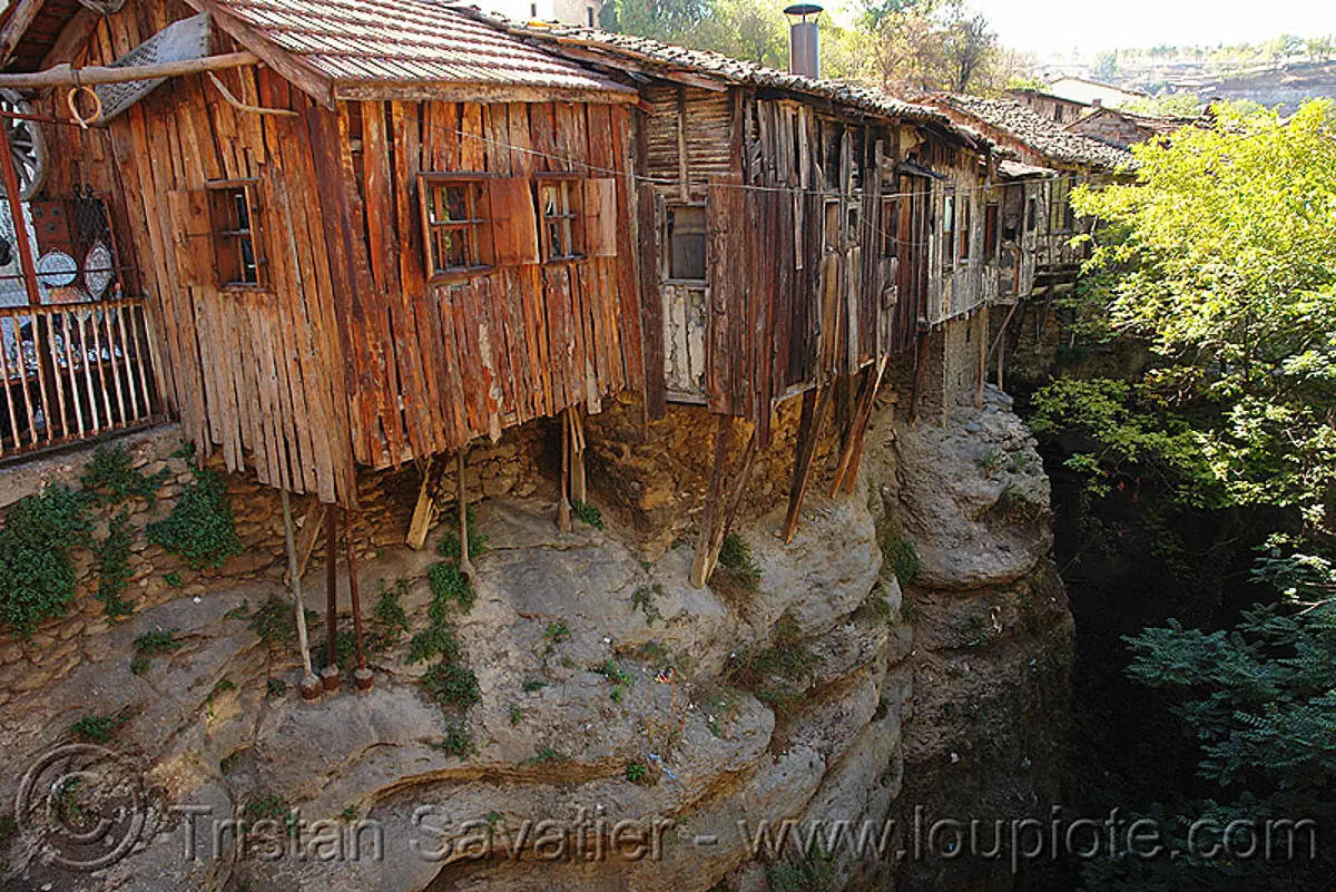 overhanging cliff houses (turkey), canyon, cliff, hanging, houses, wood, wooden