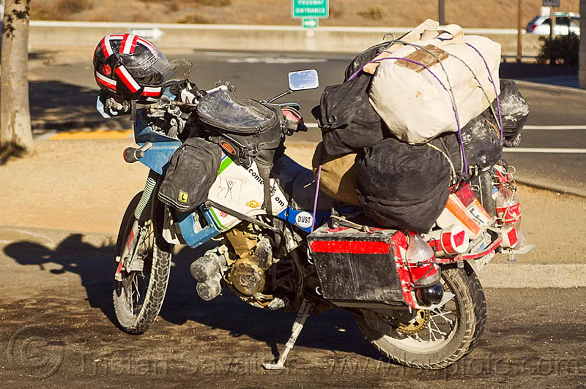 overloaded motorbike - KLR 650, cargo, dual-sport, duffle bags, freight, kawasaki, klr 650, luggage rack, motorcycle touring, pannier cases, panniers, tank bags, tool tubes