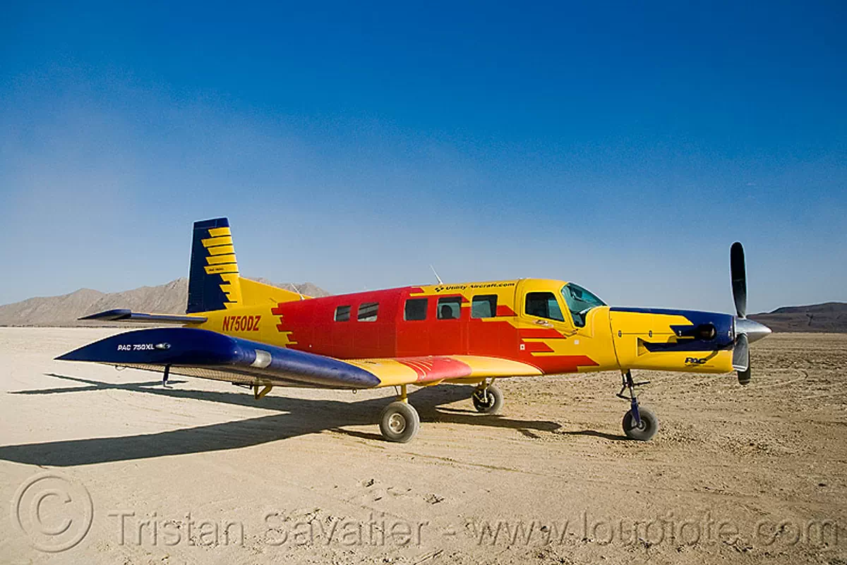 PAC 750XL, aircraft, burning man, burning sky, pac 750, pac 750xl, pacific aerospace corporation, parked, red, skydiving, small plane, turbo prop, yellow