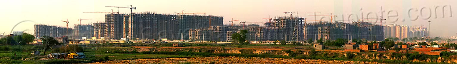panorama view of the construction of "gaur city 1" - planned urban development (india), building construction, buildings, construction cranes, gaur city, greater noida, panorama, planned city, urban development, urban planning