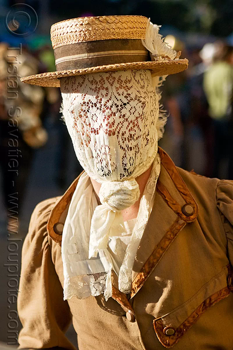 photo of man with lace mask and straw hat, costume, lace mask, man, straw hat, victorian