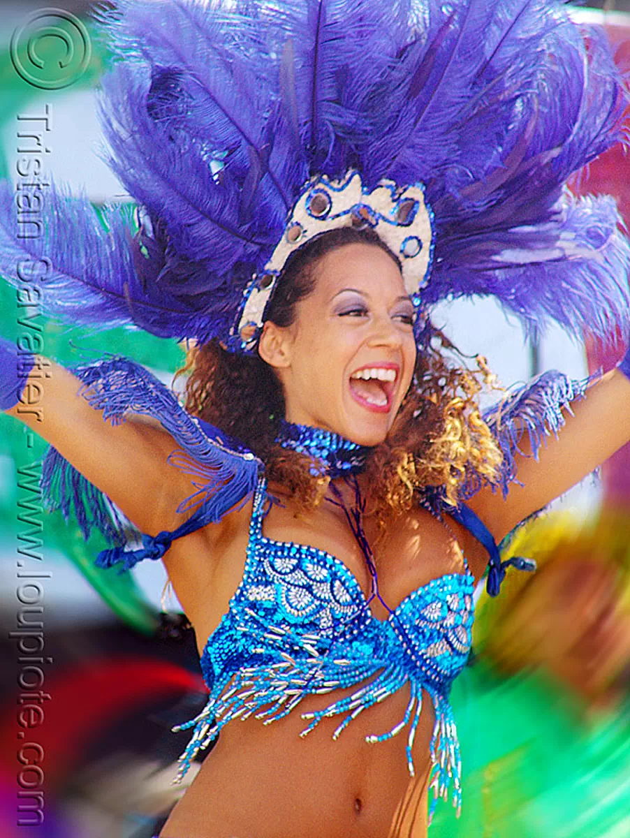 photo of woman with brazil carnival costume and feather headdress - micaela, brazilian, carnival costume, micaela, samba, san francisco carnival, woman