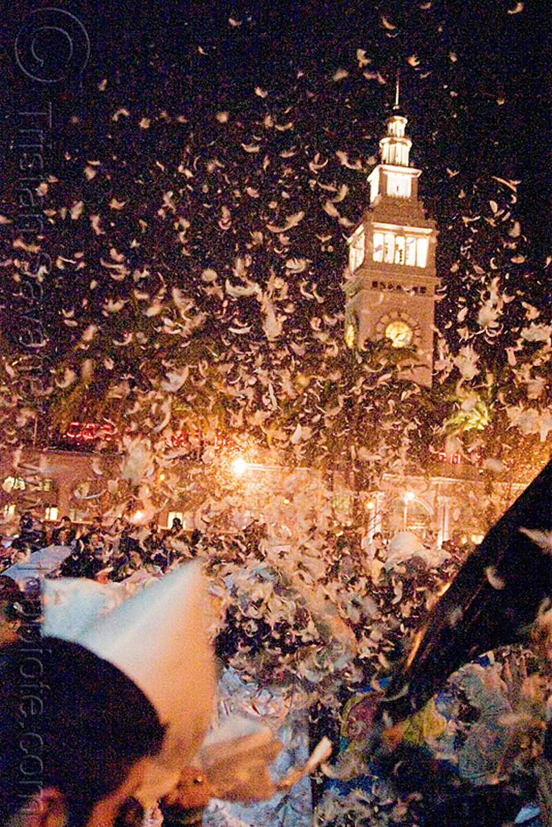 pillow fight 2011 - san francisco, campanil, embarcadero tower, feathers, night, world pillow fight day