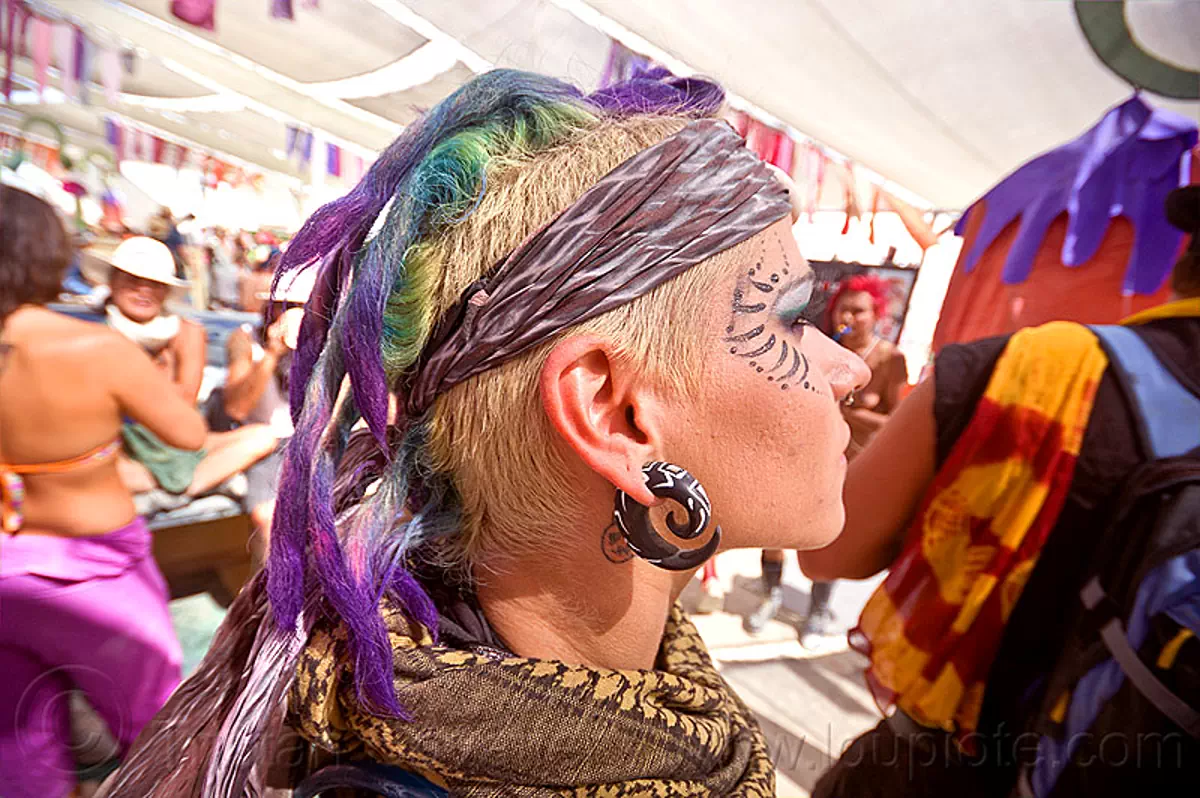 purple dreadlock mohawk, burning man, ear piercing, earring, mohawk hair, purple dreadlocks, woman