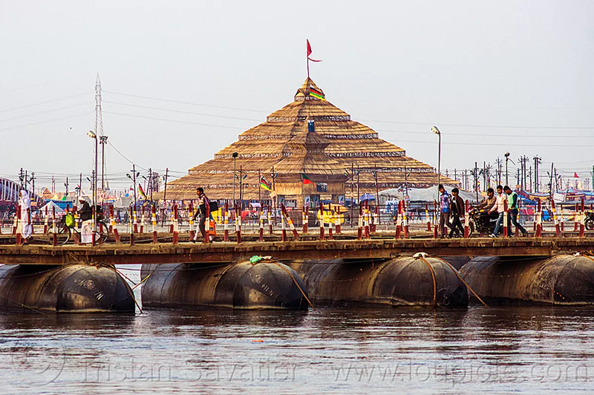 pyramid ashram and pontoon bridge, kumbh mela 2013, india