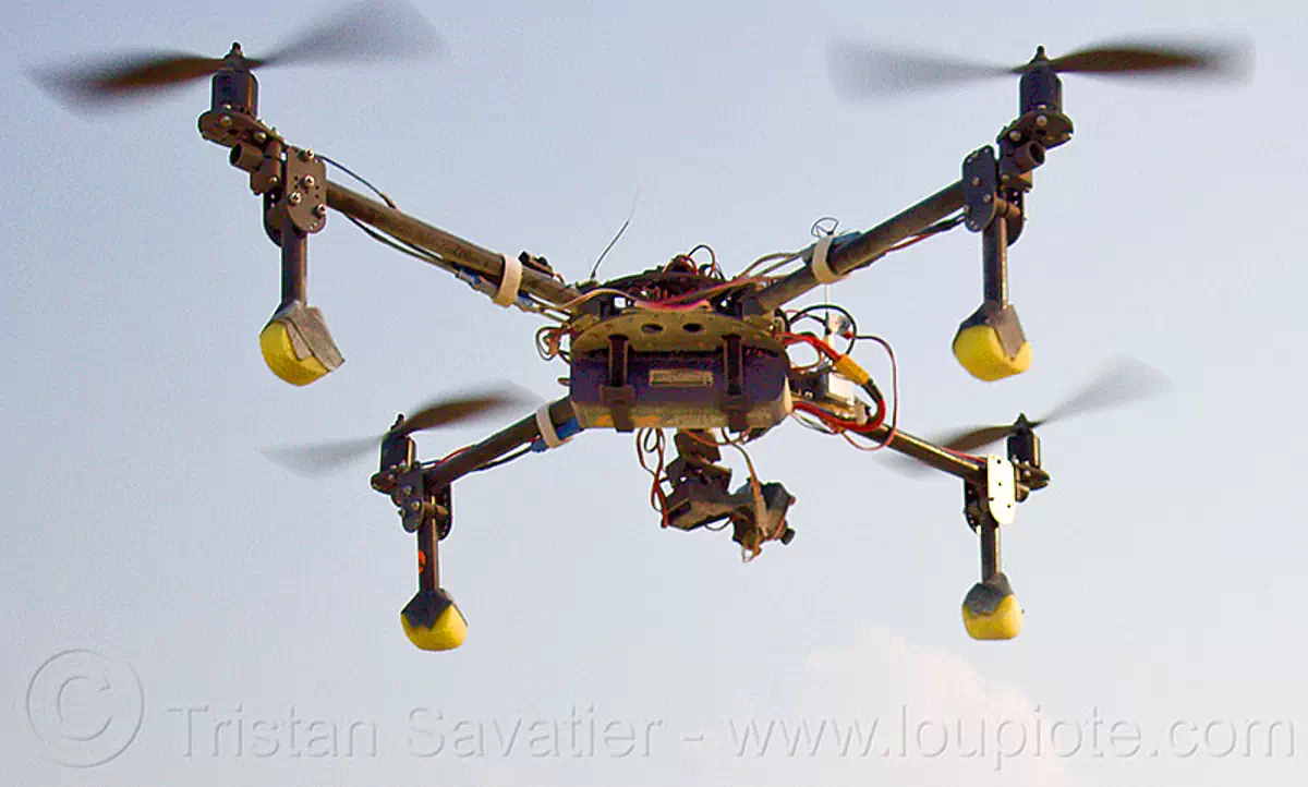 quadcopter, UAV, remote controlled drone with video camera, burning man