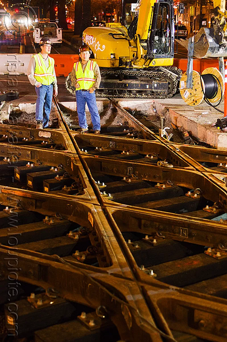 railroad diamond crossing, muni railway construction site, san francisco