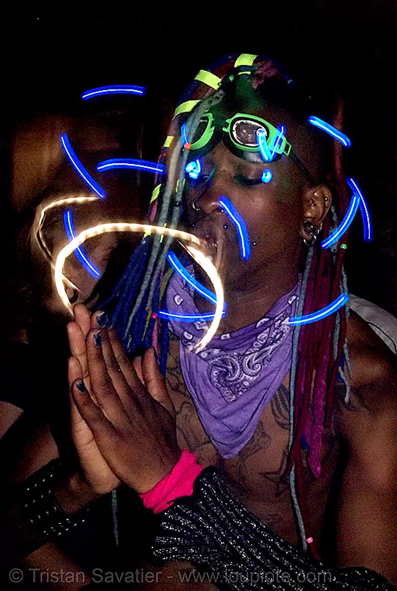 rave LED-lights, african american man, black man, glowing, led lights, lightshow, night, rave lights, raver outfits
