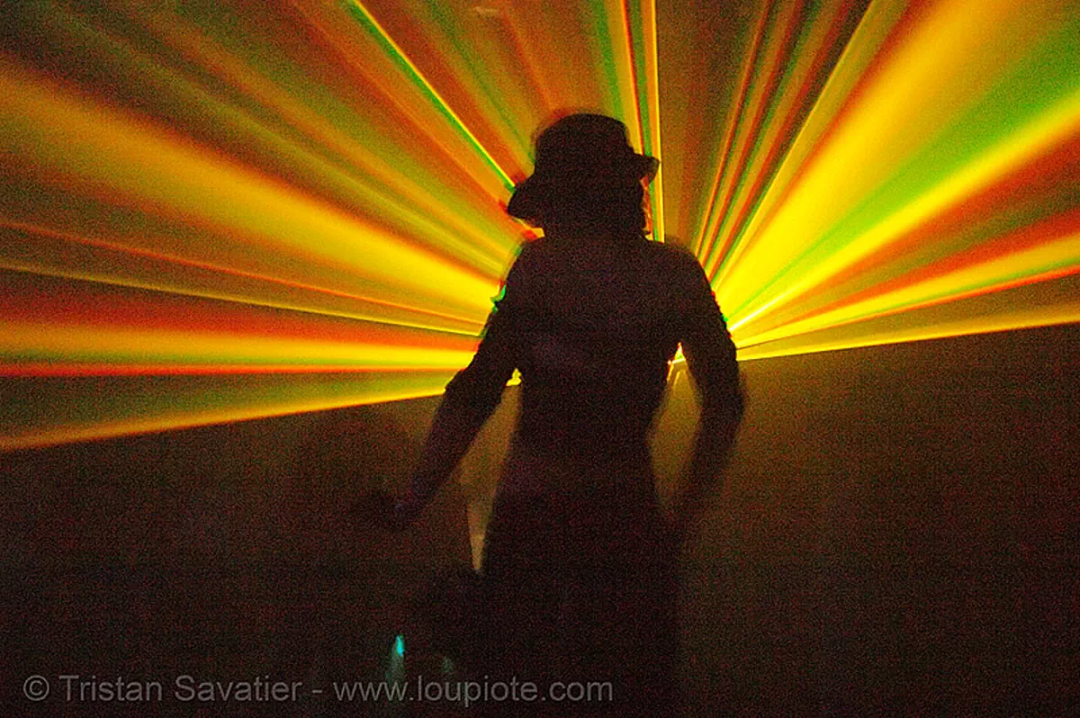 rave lights - laser shadows in warehouse underground rave party, backlight, laser lightshow, laser show, lasers, nightclub, nightlife, rave lights, ravers, silhouettes
