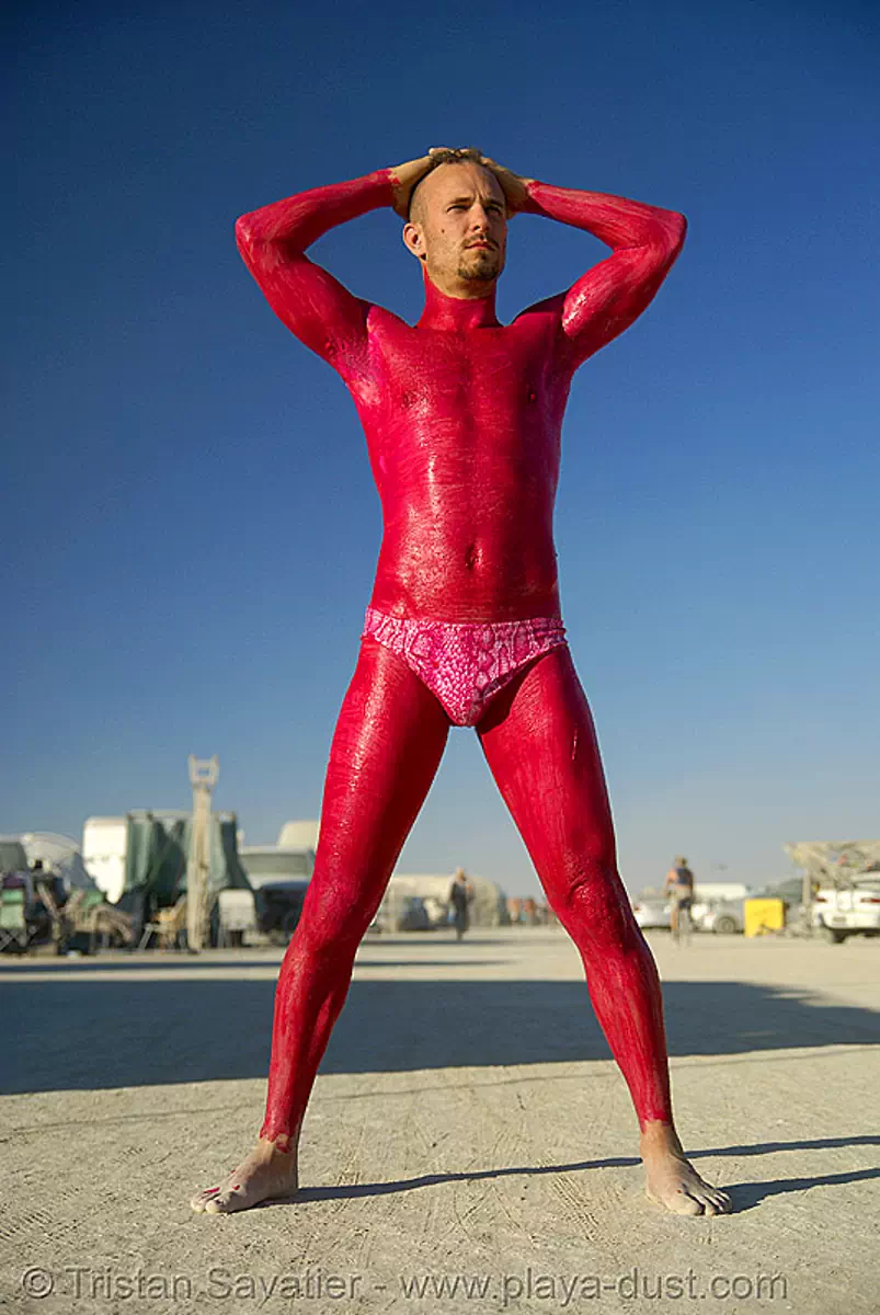 red man - burning man 2007, body art, body paint, body painting, burning man, kevin cooklin, latex bodypaint, latex paint, male underwear, man underwear, red man