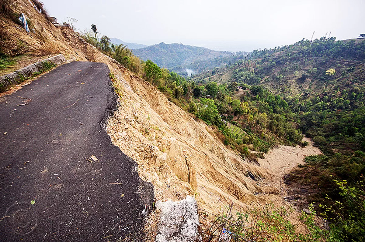 road destroyed by major landslide near darjeeling, india
