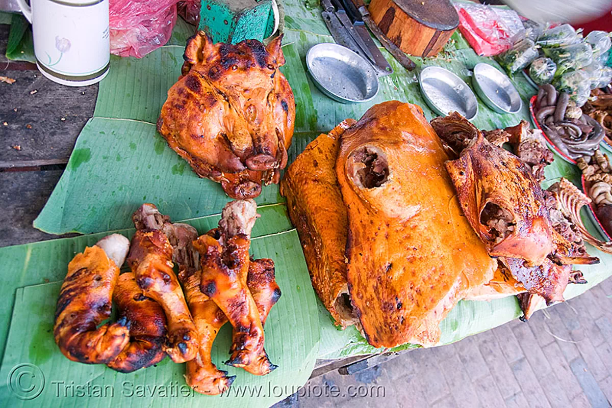 roasted pork (pig) on the market - luang prabang (laos), cooked, food, laos, luang prabang, meat, pig, pork, roasted