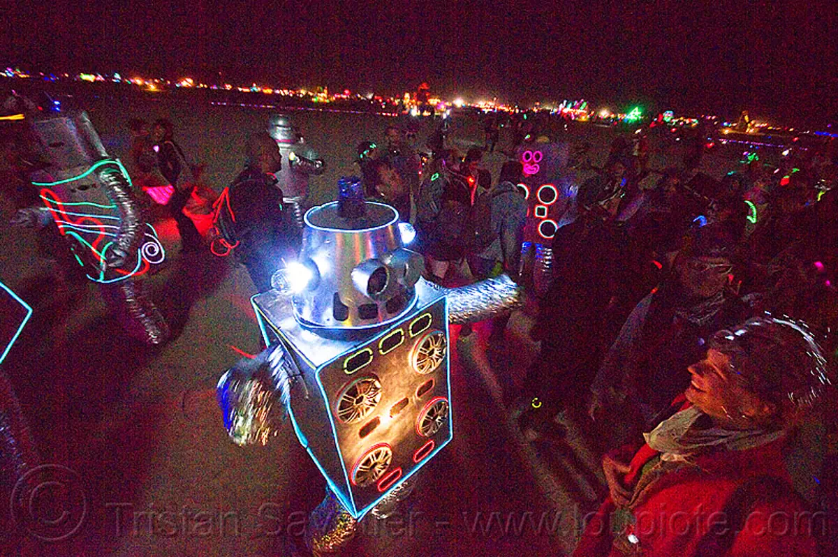 robot dance party - burning man 2012, burning man, costumes, dance party robot, dancing, music, night, robot dance party, robots, sound system, speakers