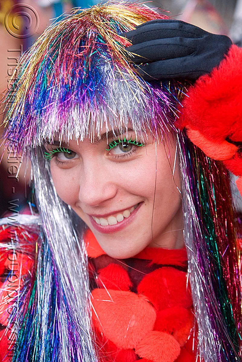 russian girl with rainbow glittery wig - burning man decompression 2008 (san francisco), glittery, rainbow colors, russian, wig, woman