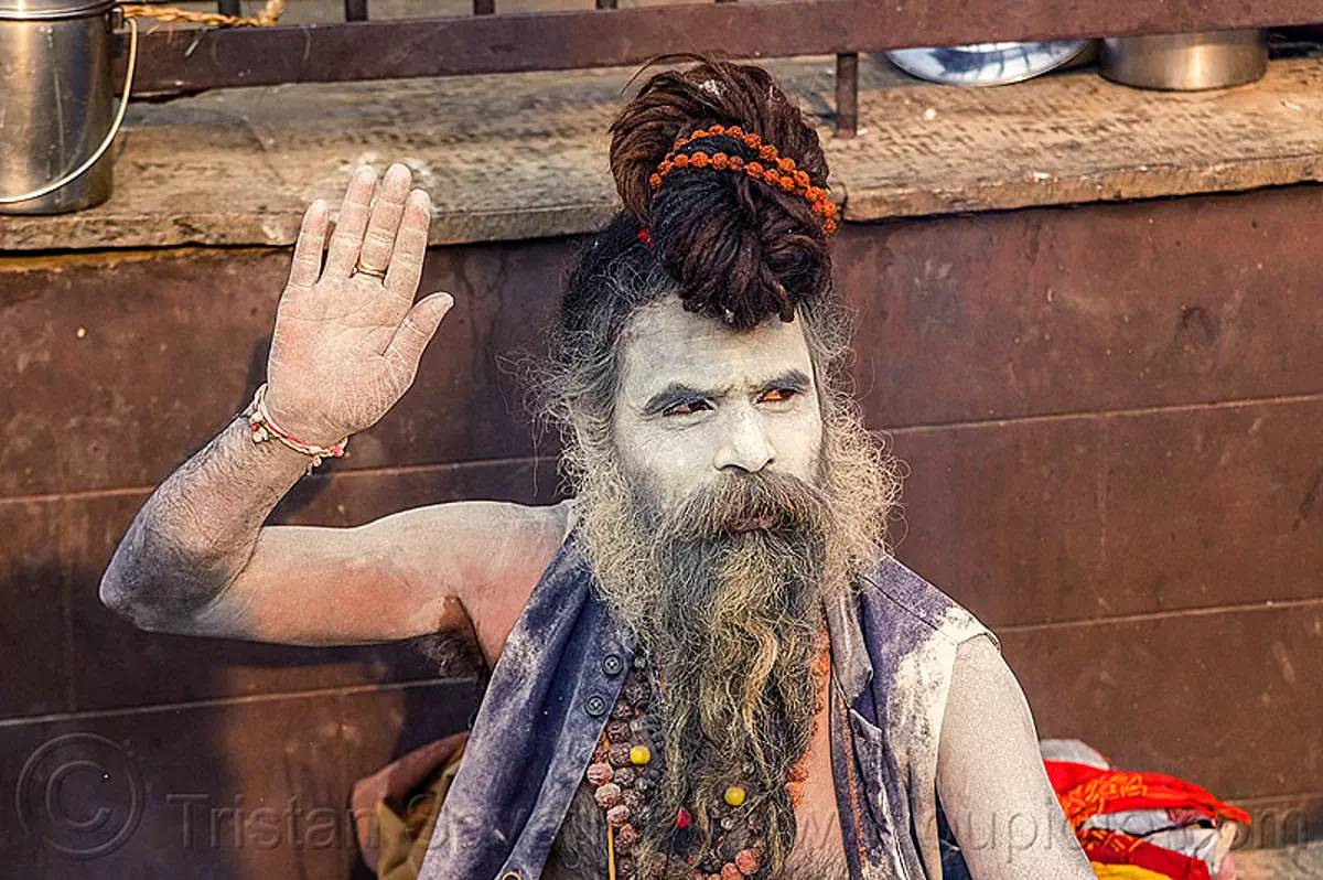sadhu (hindu devotee) with face covered with vibhuti holy ash (nepal), baba, beard, dreadlocks, hindu, hinduism, holy ash, kathmandu, knotted hair, maha shivaratri, man, necklaces, pashupatinath, rudraksha beads, sacred ash, sadhu, vibhuti
